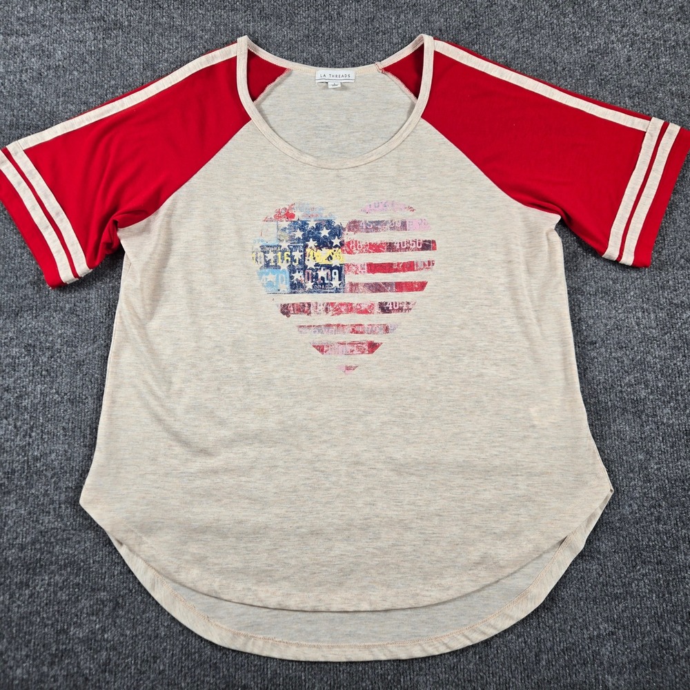 LA Threads Raglan Tee Womens Large Beige Red Patriotic Heart Graphic